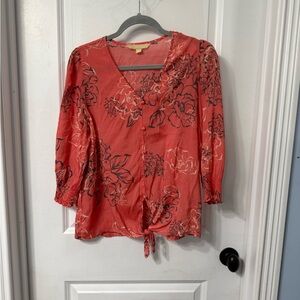 Elegant Floral Tie-Front Blouse - Coral